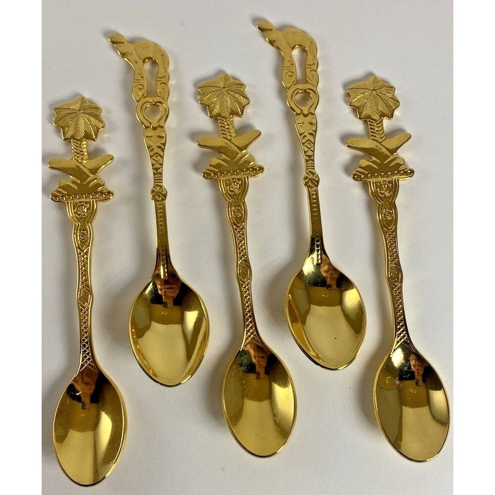 Gold Plated Demitasse Small Spoons VTG Palm Tree Camel Made in Japan Flatware